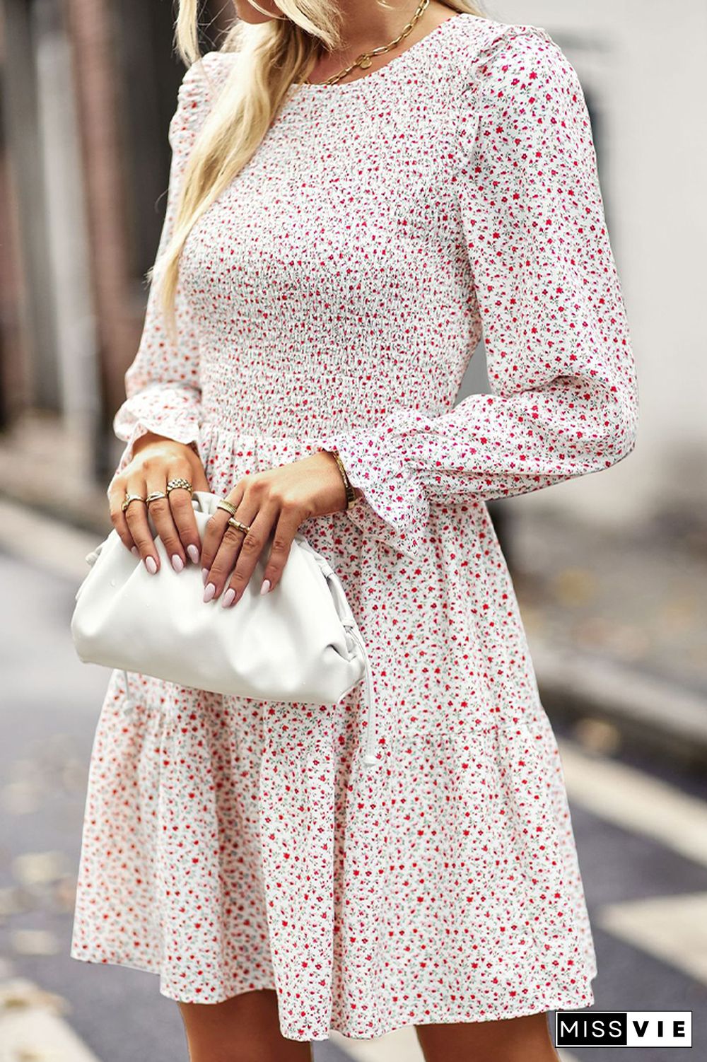 Smocked Puffy Long Sleeves Floral Dress