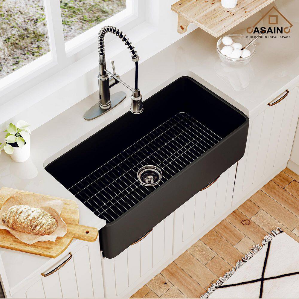 CASAINC Fireclay 36 in. Single Bowl Farmhouse Apron Kitchen Sink with Grid and Strainers in Matte Black With cUPC Certified CA-SN3618-B