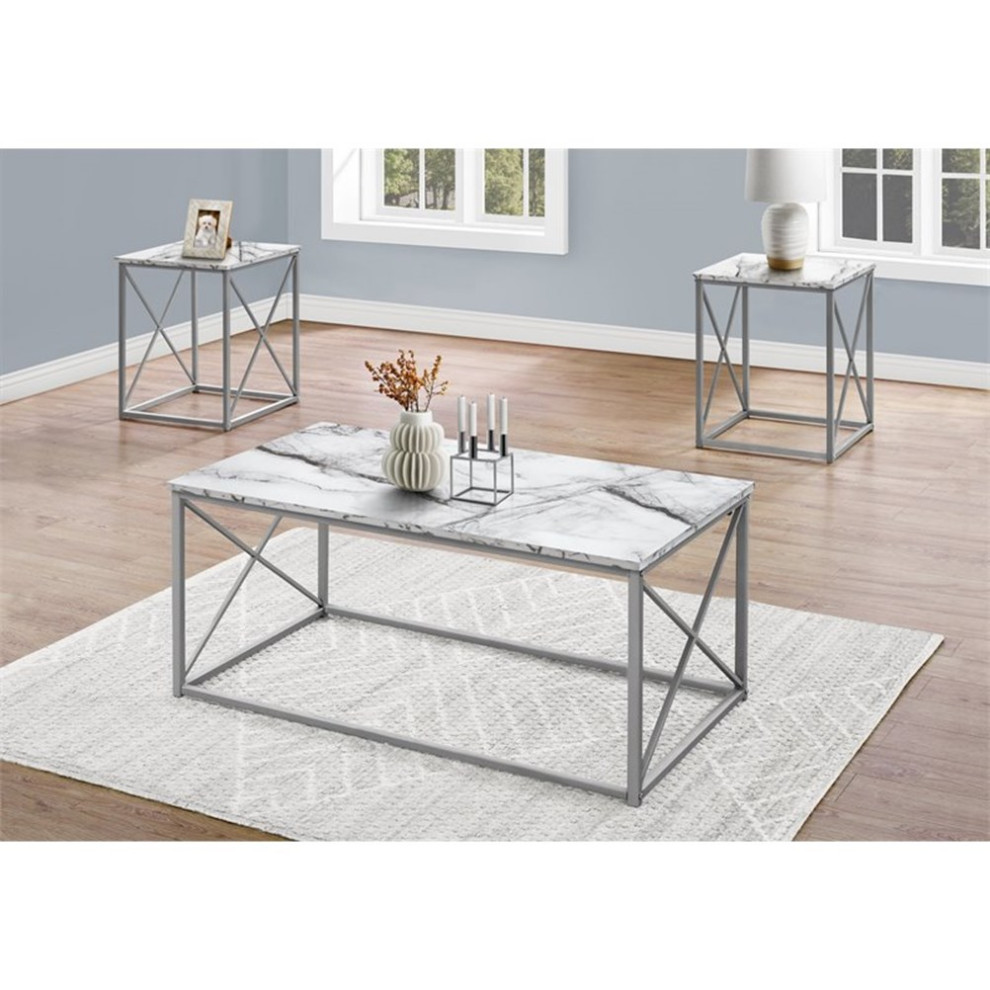 Table Set 3pcs Set Coffee End Side Accent Metal White Marble Look   Contemporary   Coffee Table Sets   by Homesquare  Houzz