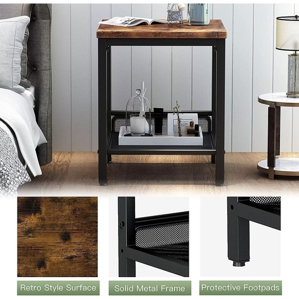 Industrial Side Table， 2-Tier Nightstand with Mesh Storage Shelf， Sofa Couch End Table for Living Room， Bedroom