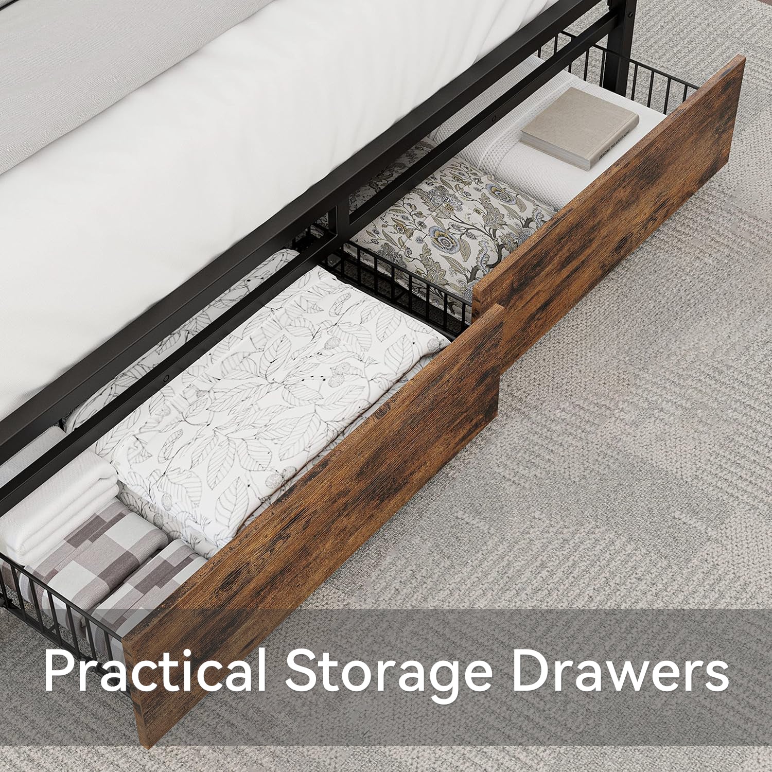 Bed Frame with Storage Headboard Platform Bed with Drawers and Charging Station, No Box Spring Needed