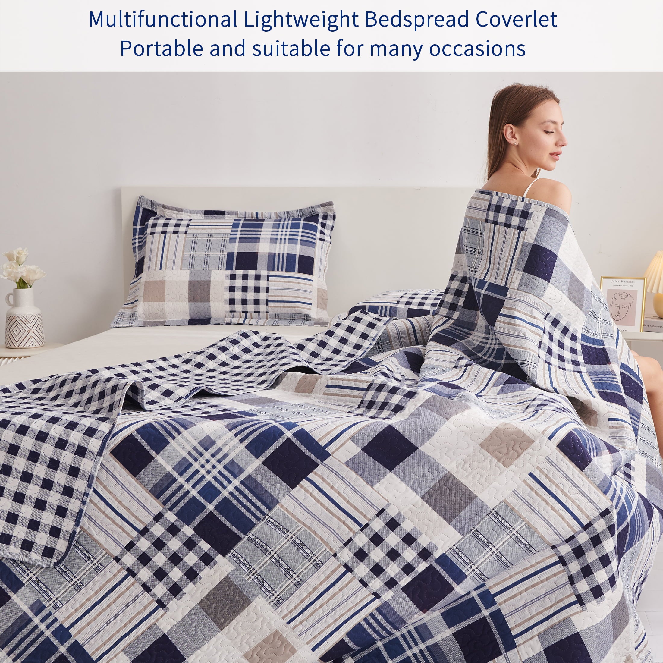 Jessy Home Queen/Full Size Plaid Bedspread Coverlet Buffalo Plaid Patchwork Quilt Navy Blue Bedding