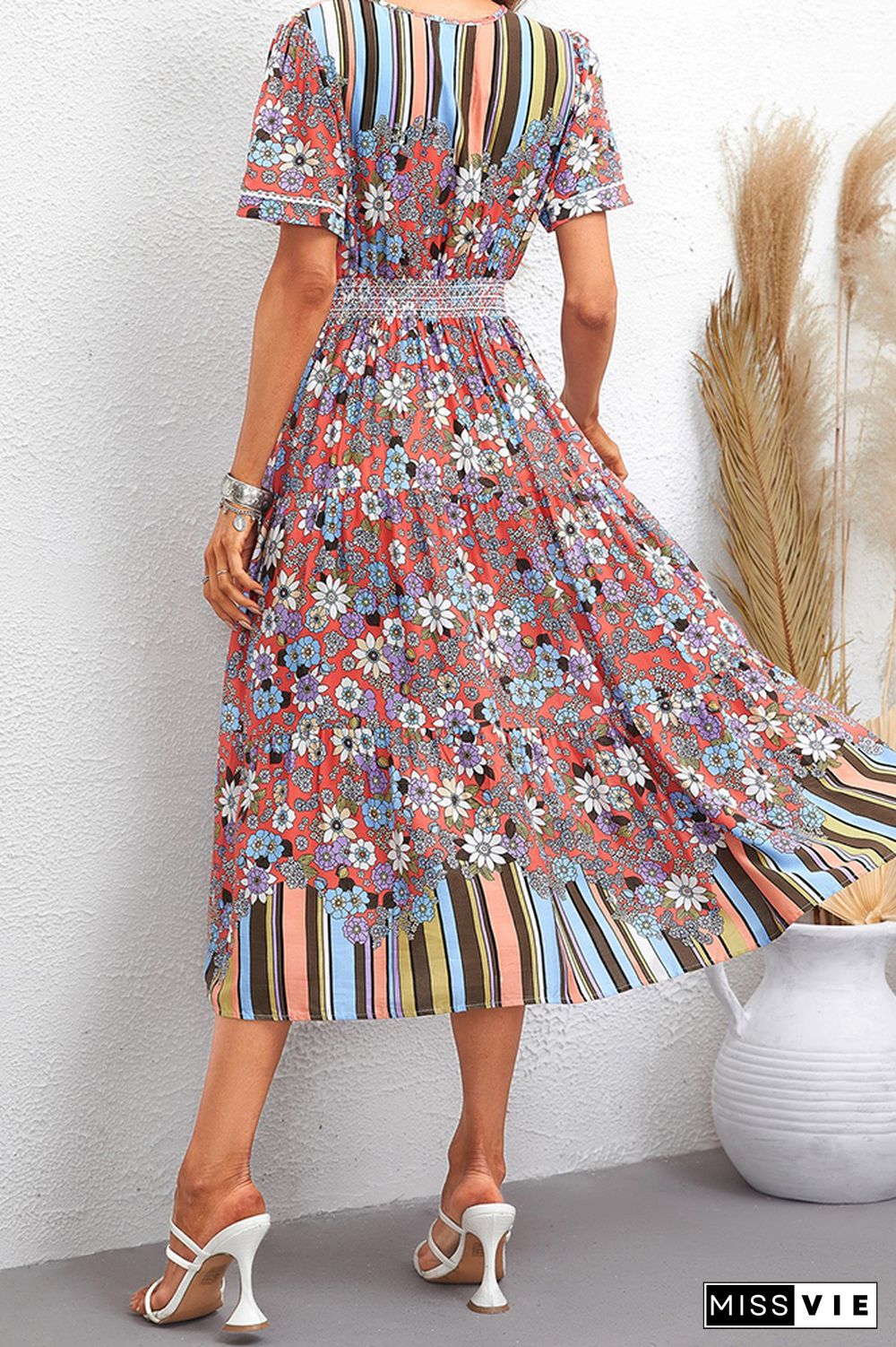 Flower And Stripes Printinig Patchwork Bohemia Dress