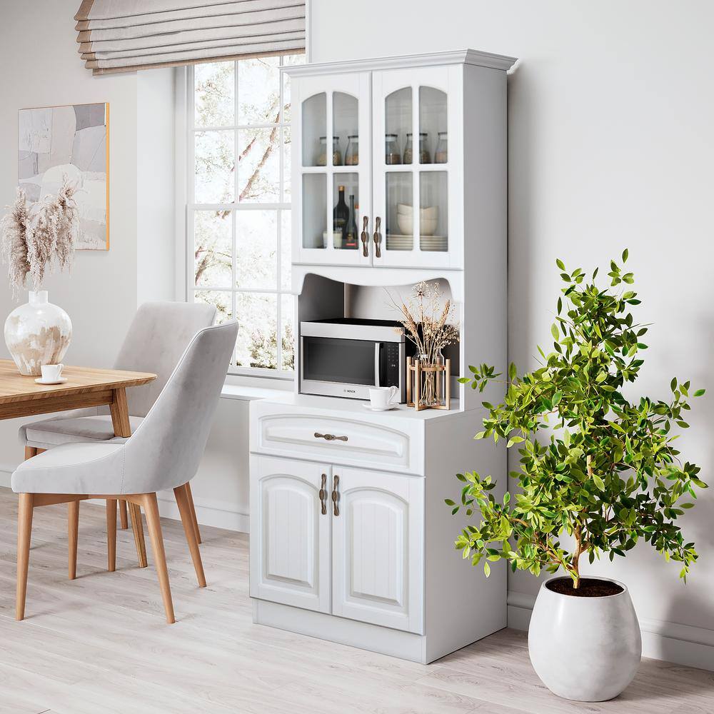 LIVING SKOG Galiano 73 in. White Kitchen Pantry Storage Cabinet Buffet with Hutch For Microwave with Drawer P7