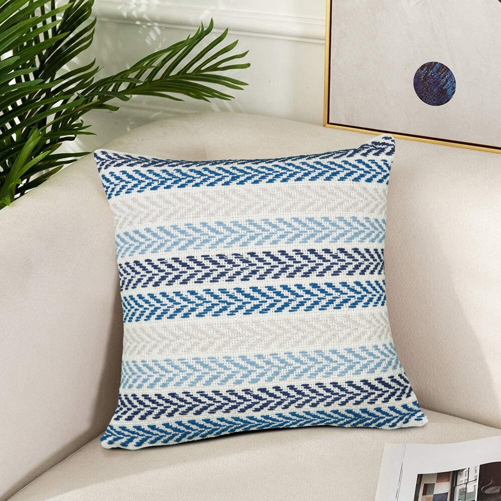 LR Home Blue Chevron Natural Cotton Square Pillow  Feather Filled  Set of 2 or 4