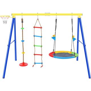 Metal Outdoor Swing Set with Steel Frames Climbing Rope Disc Tree Swing Playset and Basketball Hoop in Yellow LN20232281