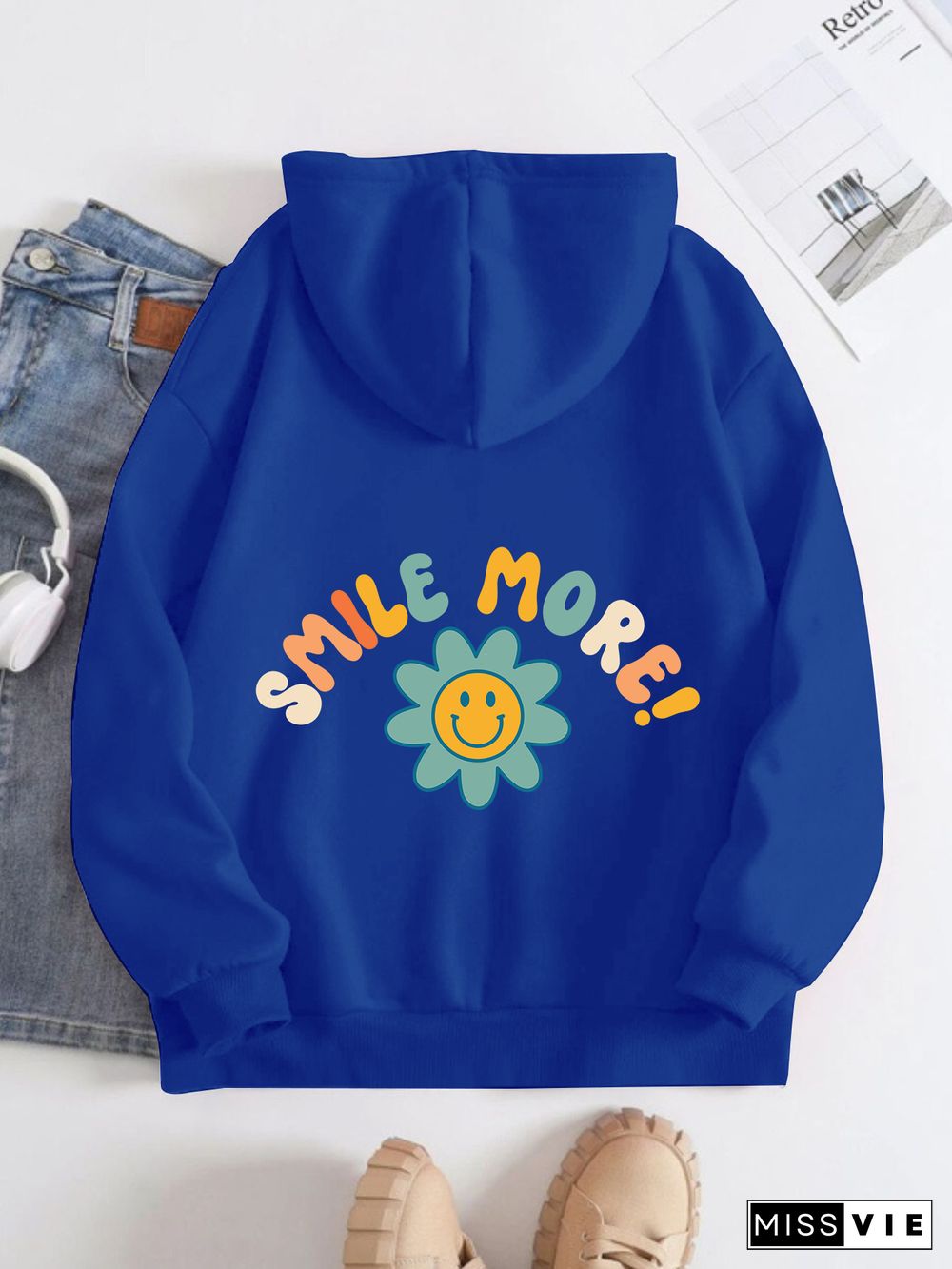 Printed on the Back Kangaroo Pocket Hoodie Long Sleeve for Women Pattern smile more