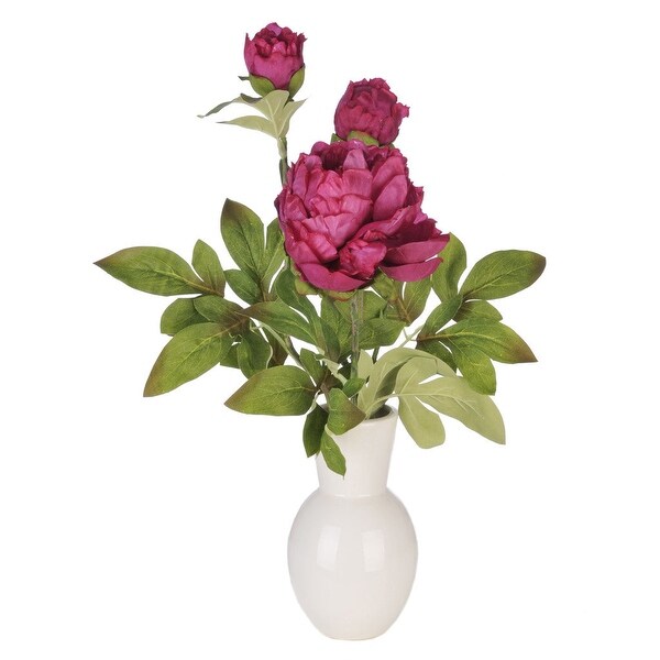 Faux Fuchsia Peony in White Ceramic Vase