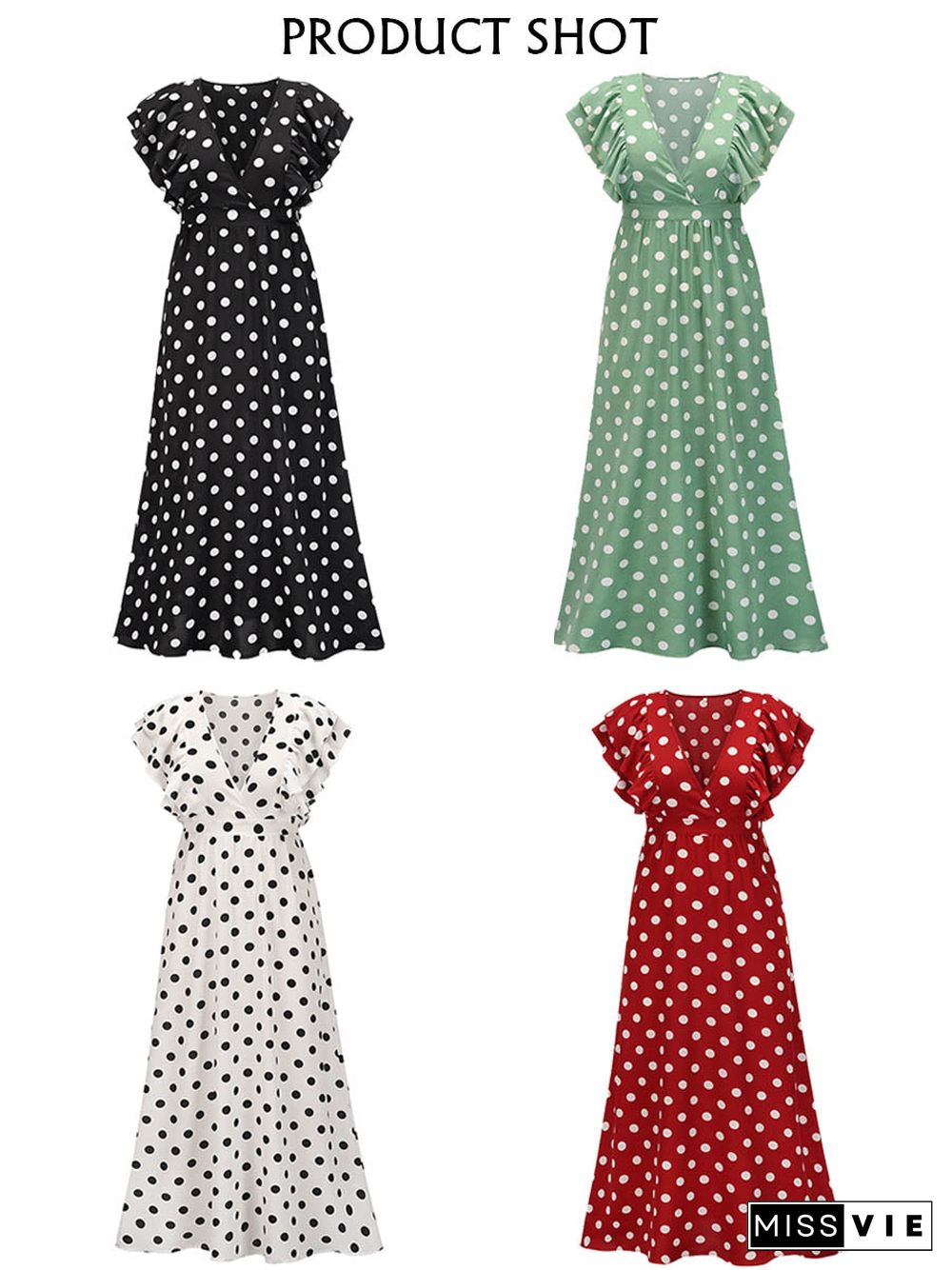 Polka Dot V Neck Cap Sleeve Maxi Dress