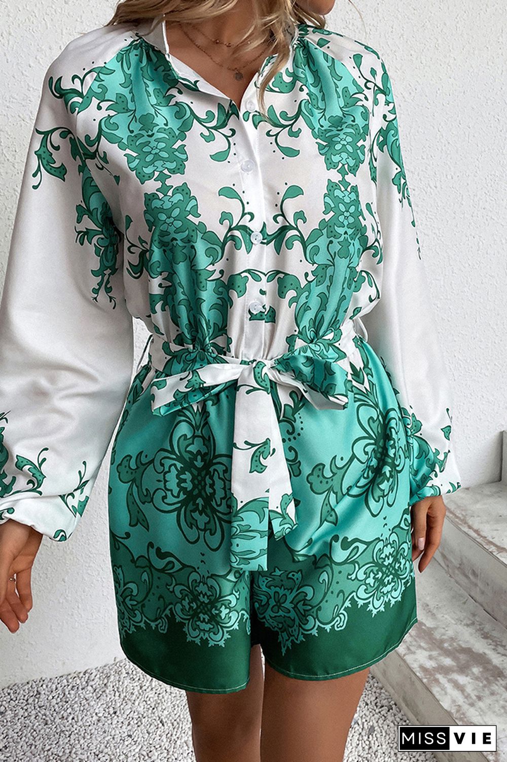 Green Puffy Sleeves Printed Rompers