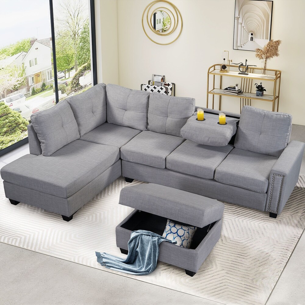 Reversible Sectional Sofa with Storage Ottoman  4 Seat L shape Couch