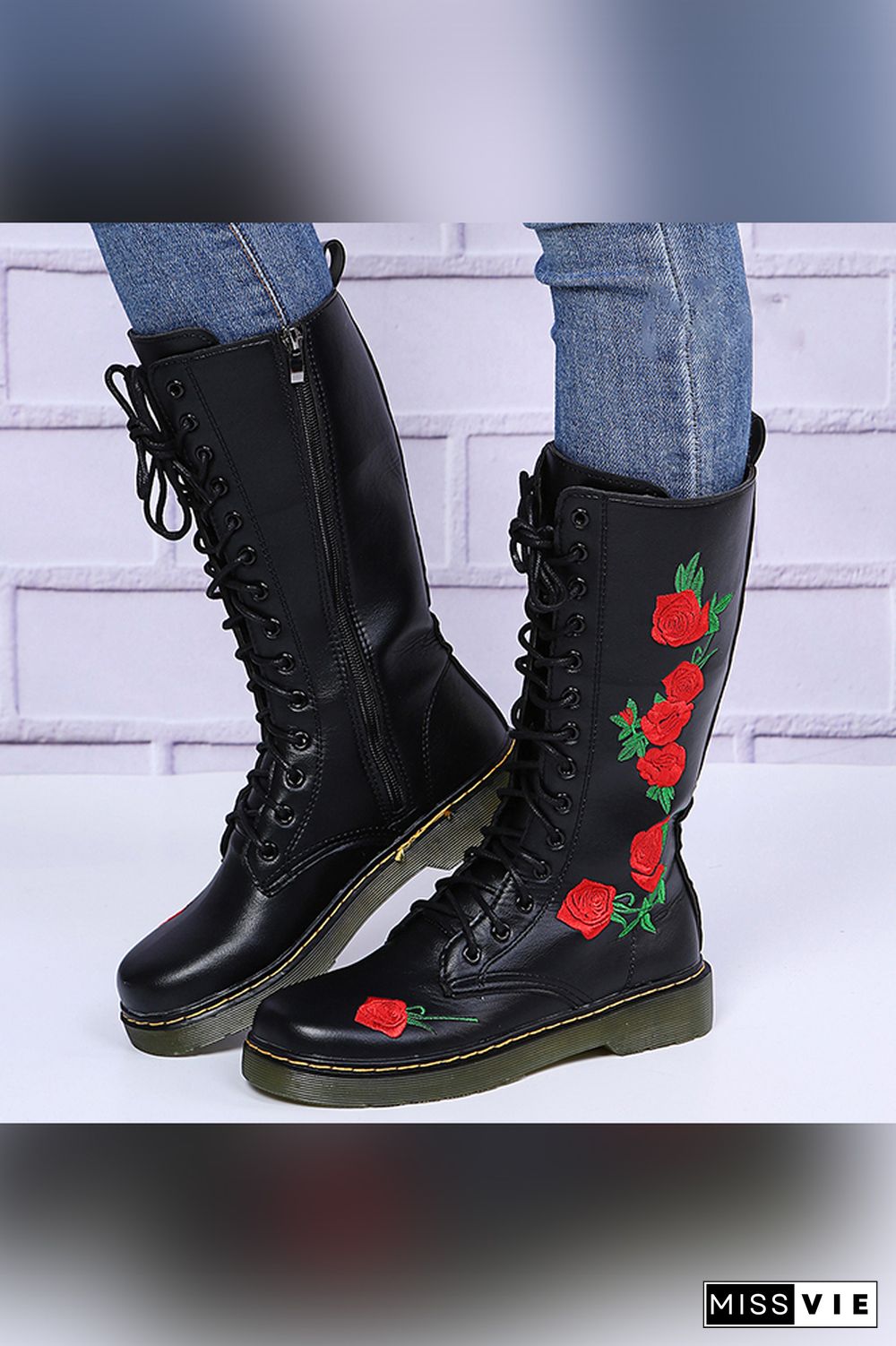 Rose Embroidered Flat Zipper Mid Boots Women Wholesale