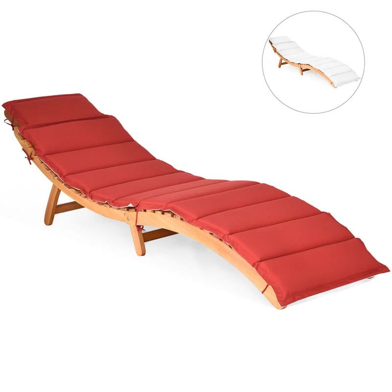 Wood Folding Patio Chaise Lounge Chair, Double-Sided Cushioned Outdoor Sun Lounger for Pool Beach Lawn