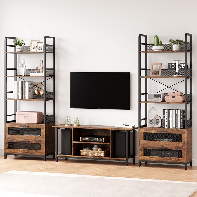 Trinity Bookshelf With Drawers Industrial Bookcase With 4 Tiers Open Storage Shelves For Bedroom Living Room Home Office Brown