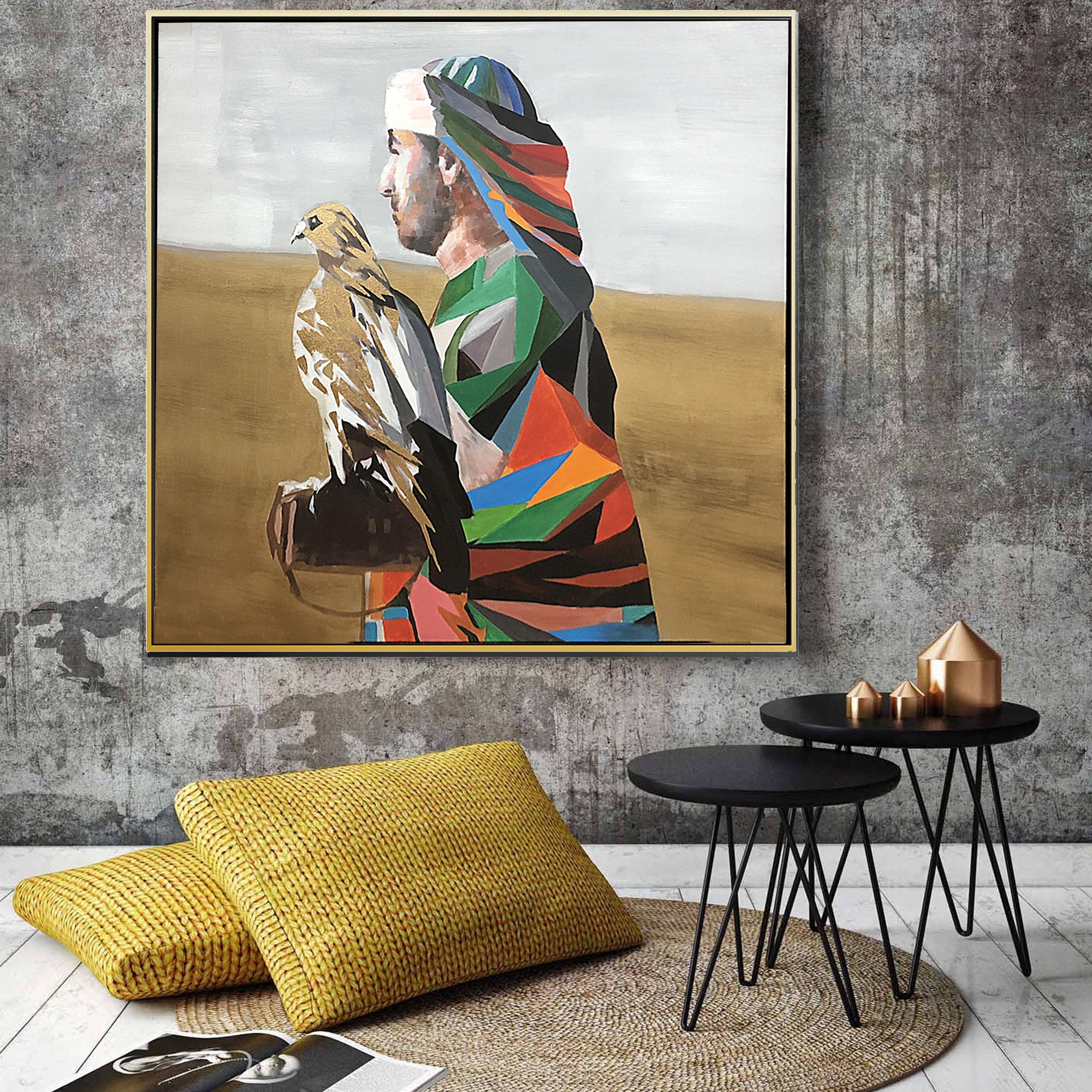 Falconry Hand Painted UAE Culture Art Painting With Frame 105X105 Cm Soap0877