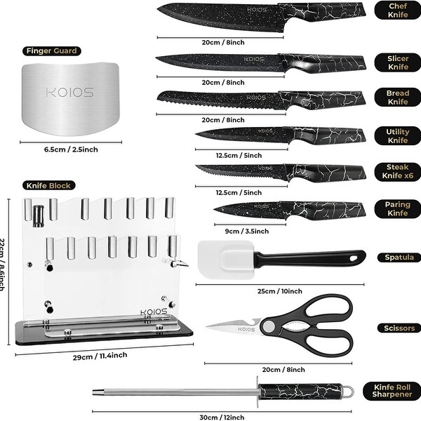 16 Pcs Kitchen Stainless Steel Knife Set with Acrylic Stand，Black