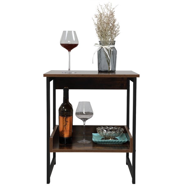 2-Tier End Side Table Storage Shelf Wood Board and Metal Frame Brown