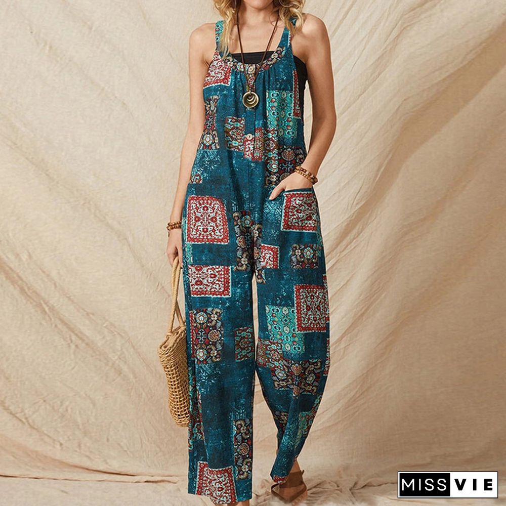 Women's Loose Print Suspenders Retro Casual Cotton Linen Jumpsuit