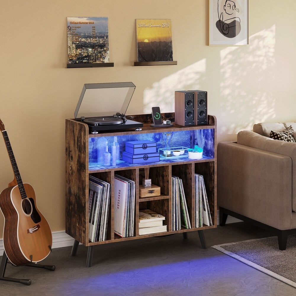 Moasis Record Player Stand with Power Outlets and LED Lights for Living Room Bedroom