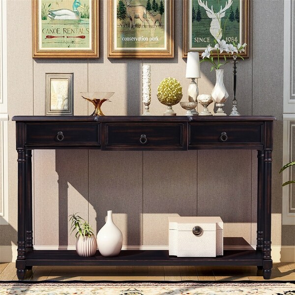 Console Table w/ Projecting Drawers and Long Shelf for Entryway，Brown