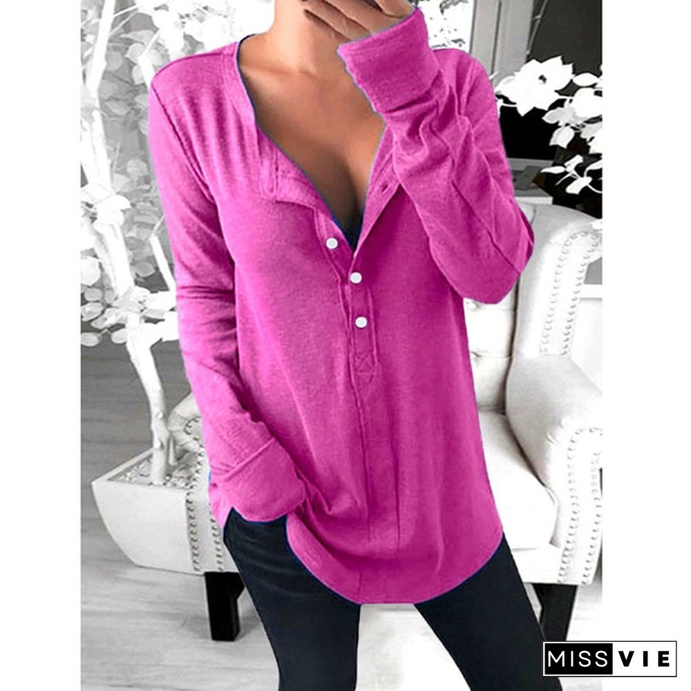 XS-8XL Plus Size Fashion Clothes Women's Autumn and Winter Tops Solid Color Casual Long Sleeve Pullover Sweatshirts V-neck Button Up Loose T-shirts Ladies Solid Color Cotton T-shirts