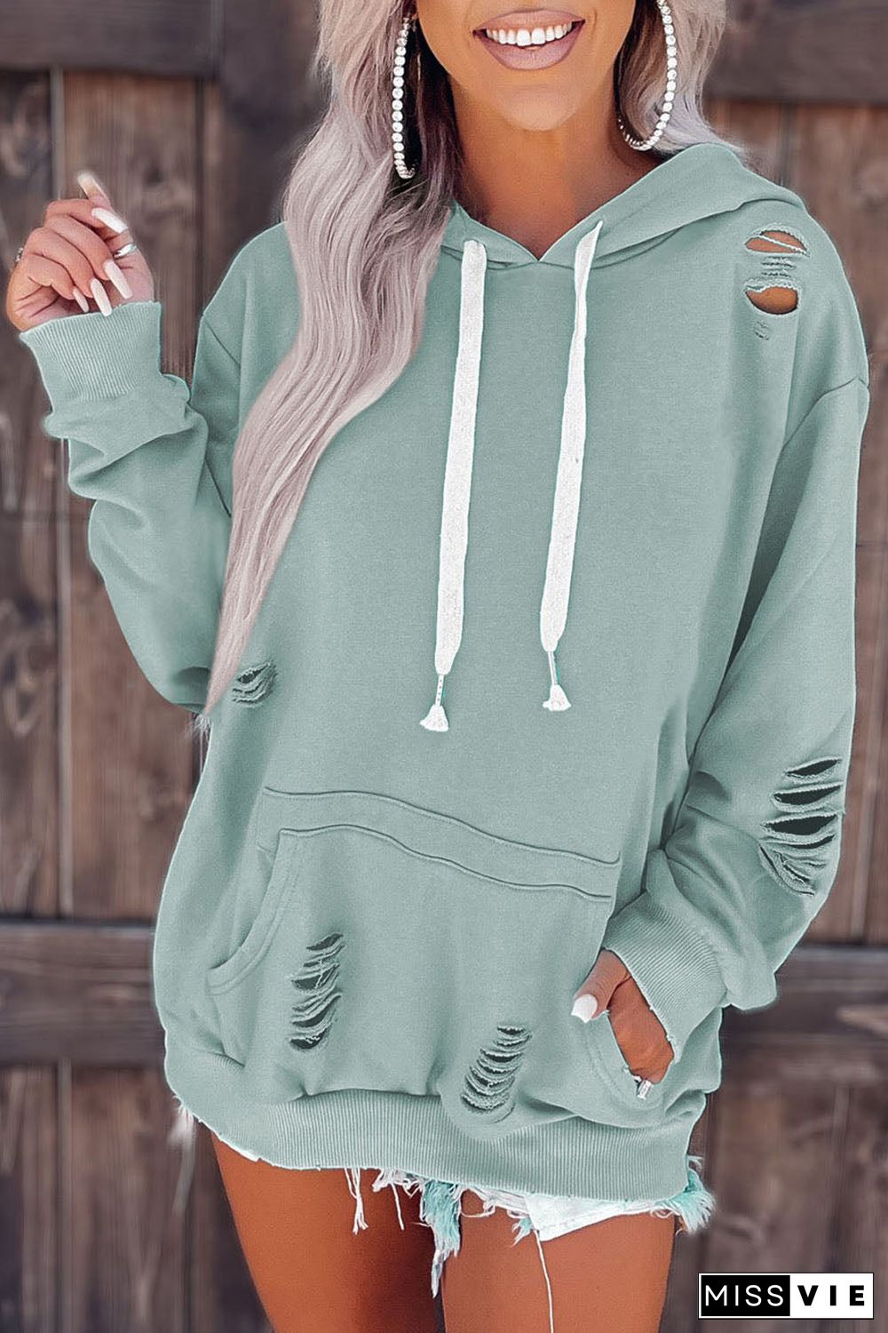 Solid Ripped Hooded Sweatshirt With Kangaroo Pocket