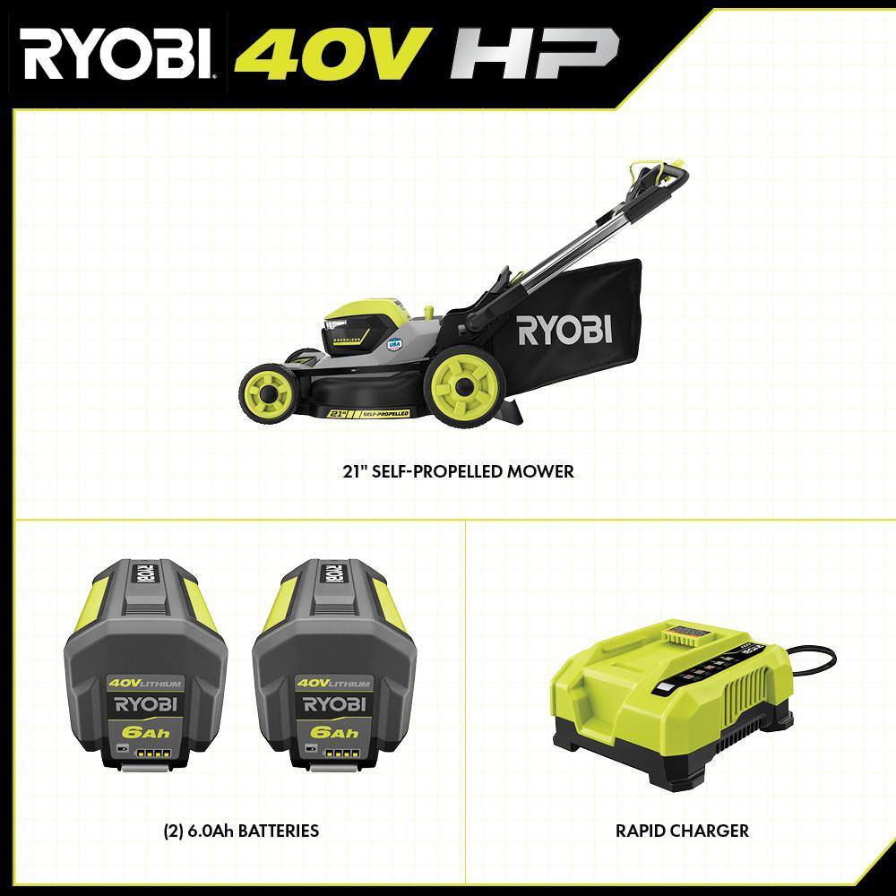 RYOBI 40V HP Brushless Whisper Series 21. in Walk Behind Self-Propelled All Wheel Drive Mower - (2) 6.0 Ah Batteries  Charger RY401210