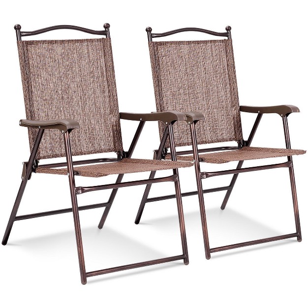 Costway Set Of 2 Patio Folding Sling Back Chairs Camping Deck Garden Beach Brown