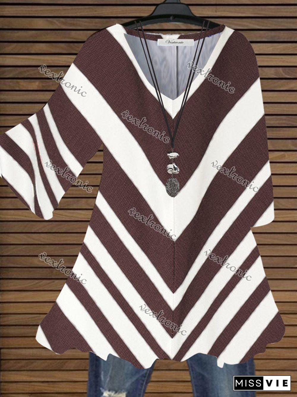 Women Half Sleeve V-neck Striped Geometric Printed Top Dress