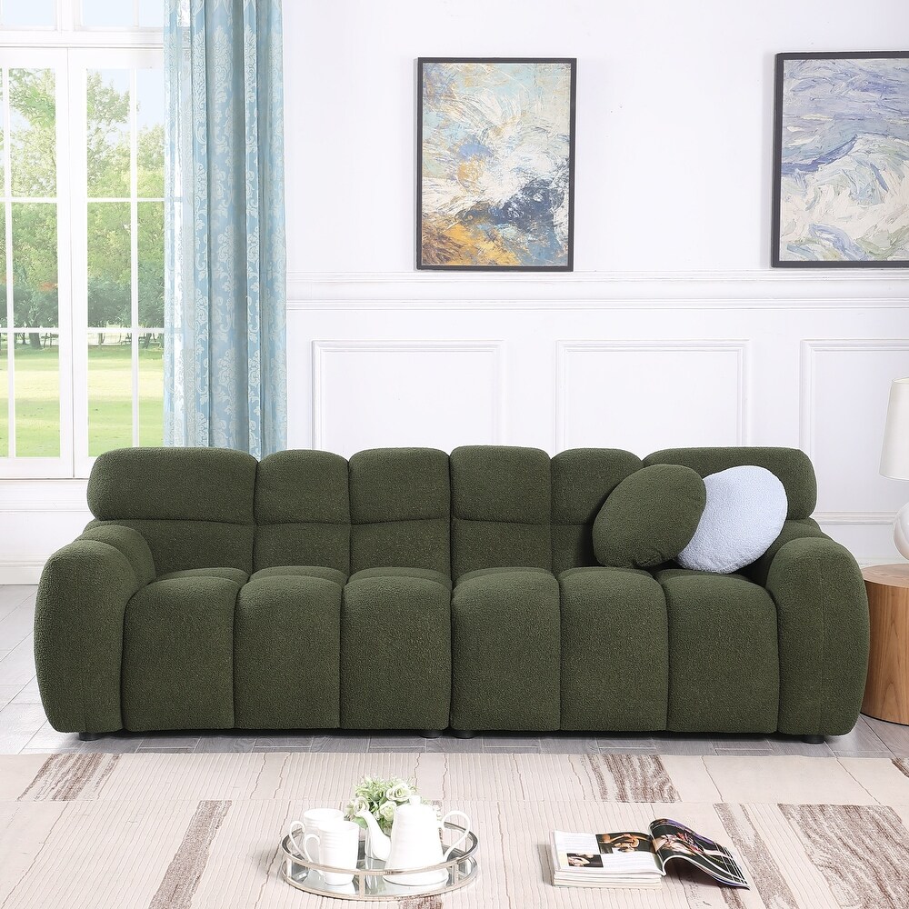 Boucle Loveseat Sofa Marshmallow Lounge Loveseat Sofa with Rolled Arms and Split Back  for Living Room Settee Chair  Olive Green