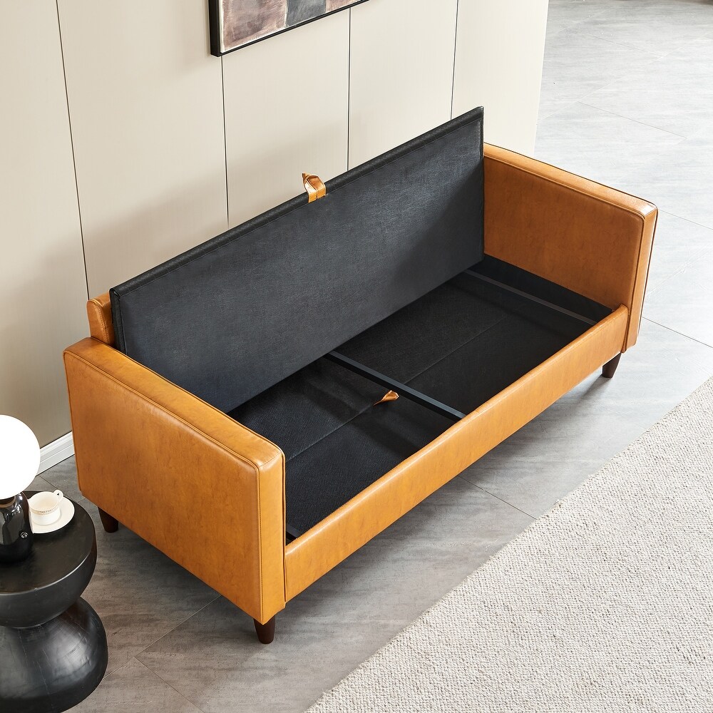 Mid Century Sofa with Hidden Storage Space and Removable Cushion  Faux Leather Sofa with Wood Frame for Living Room