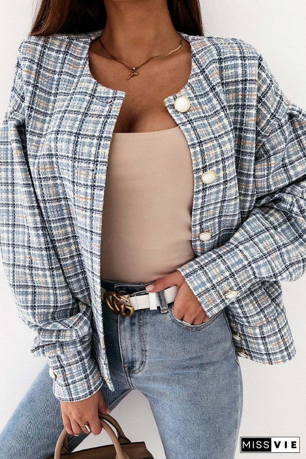 Long Sleeve Plaid Print Short Jacket