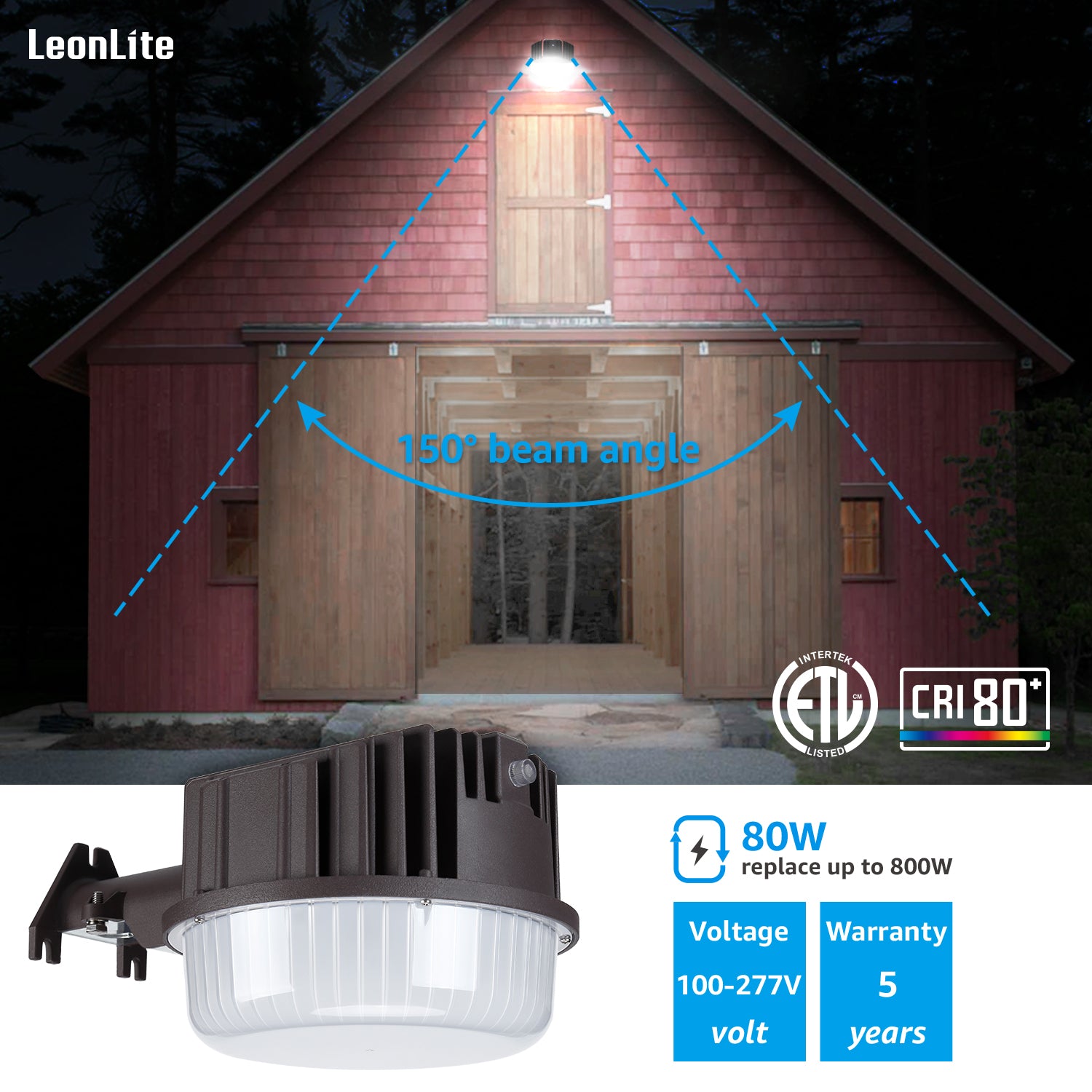 Dusk to Dawn Barn Light， LED 80W Security Lights， 800W Equivalent， 5000K Daylight