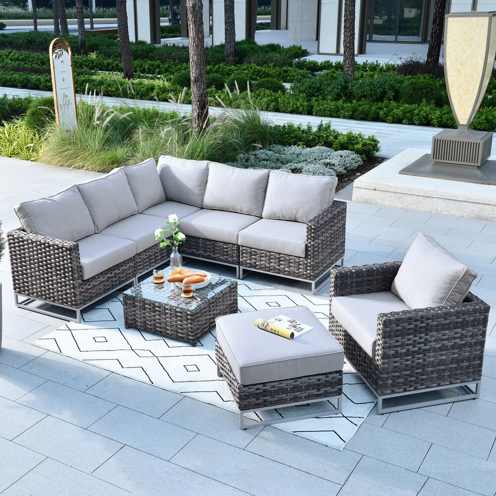 OVIOS Patio Furniture Deep Seat Wicker Metal Frame 8 piece Set with Cushions with Table