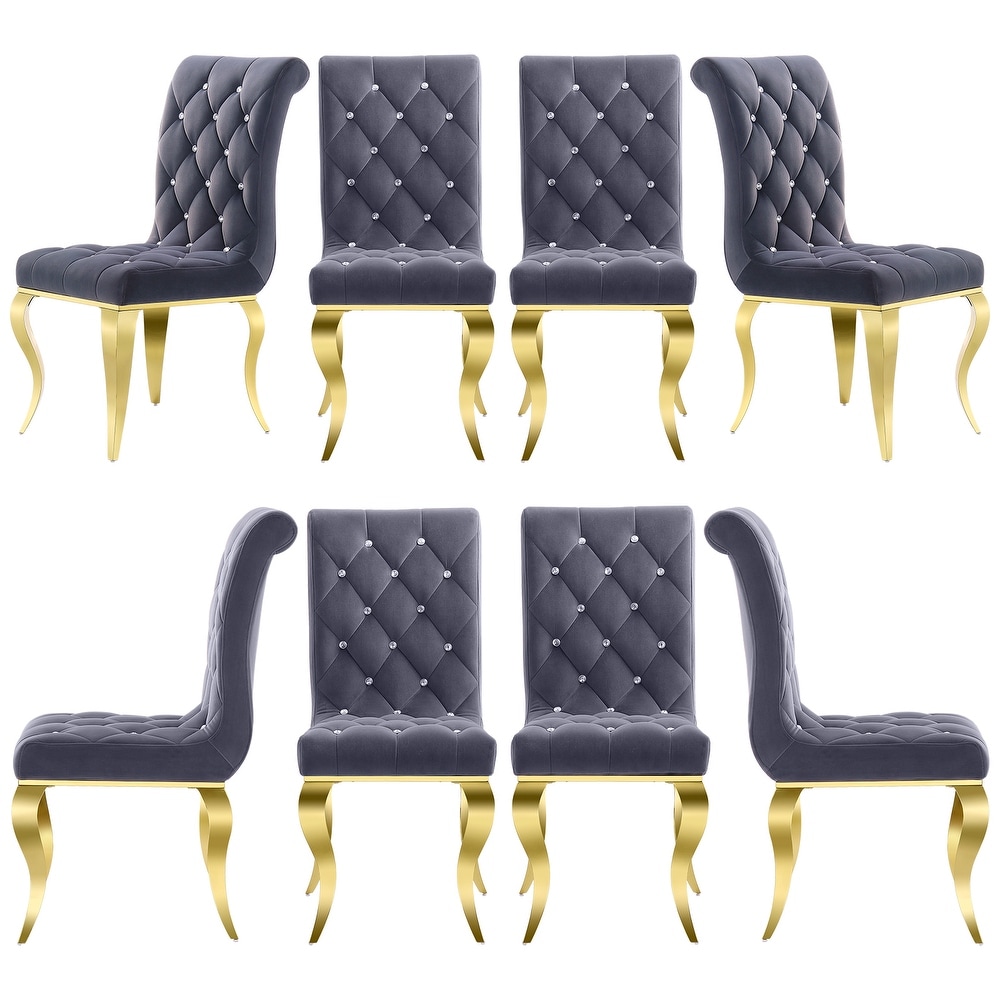 Luxury Gray Velvet Tufted Upholstered Dining Chairs with Polished Gold Cabriole Legs