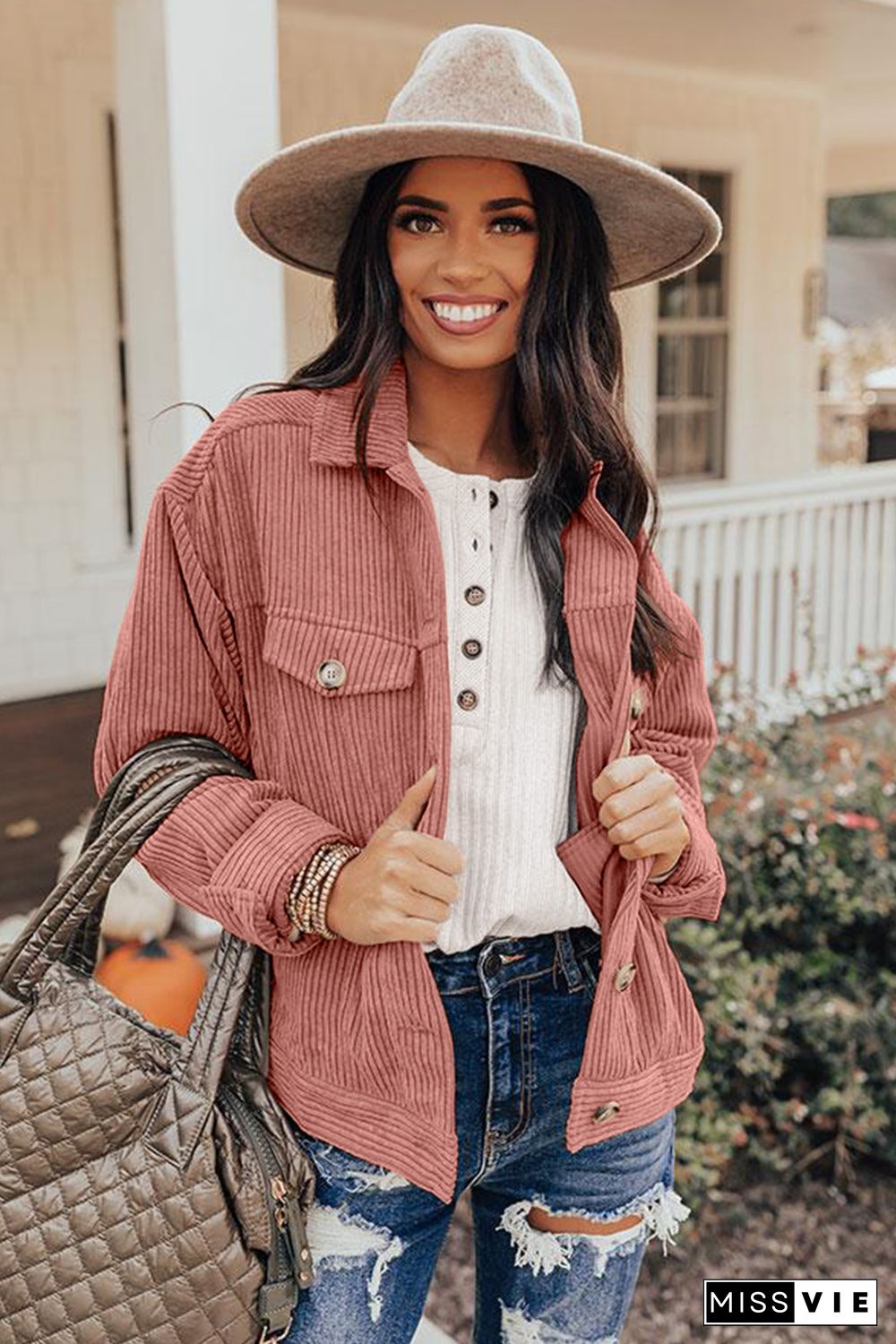 Pink Ribbed Corduroy Long Sleeve Jacket with Pocket