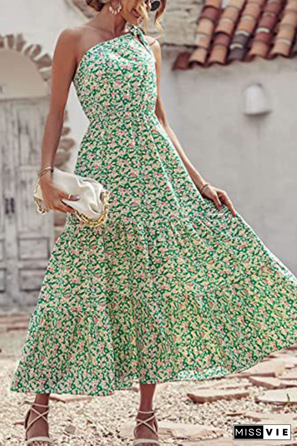 Floral Print One Shoulder High Waist Dress Wholesale