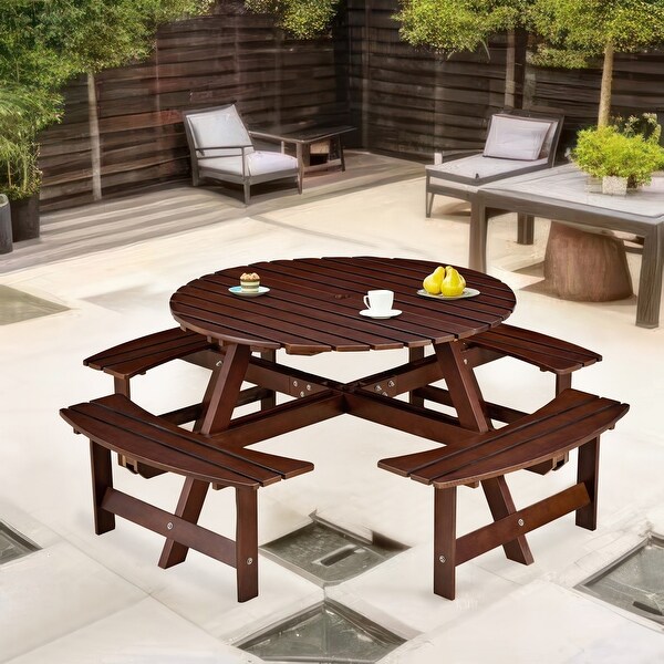 Outdoor 8Person Round Picnic Table with 4 Benches，Umbrella Hole