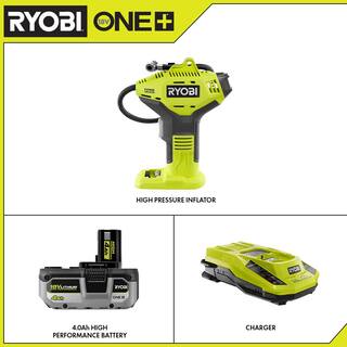 RYOBI ONE+ 18V Cordless High Pressure Portable Inflator with Digital Gauge with HIGH PERFORMANCE 4.0 Ah Battery and Charger P737D-PSK004