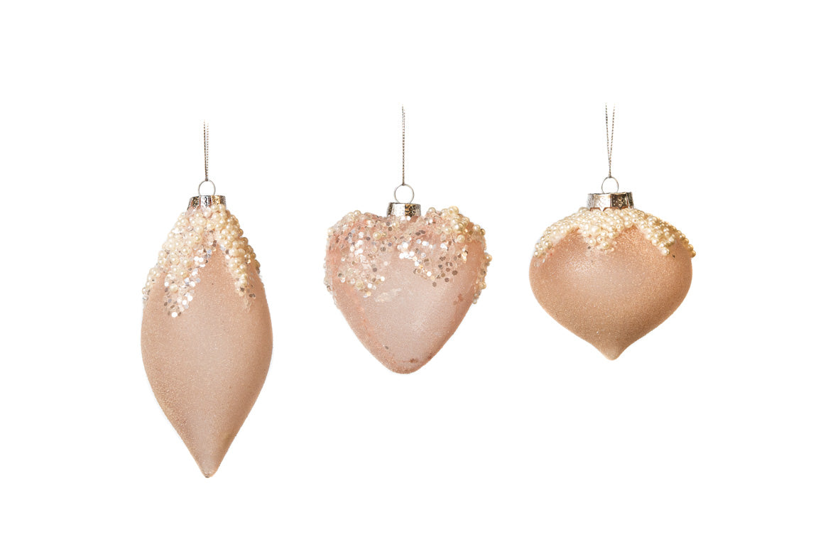 3 Pink Sequin & Pearls Assorted Ornament Set Of 12