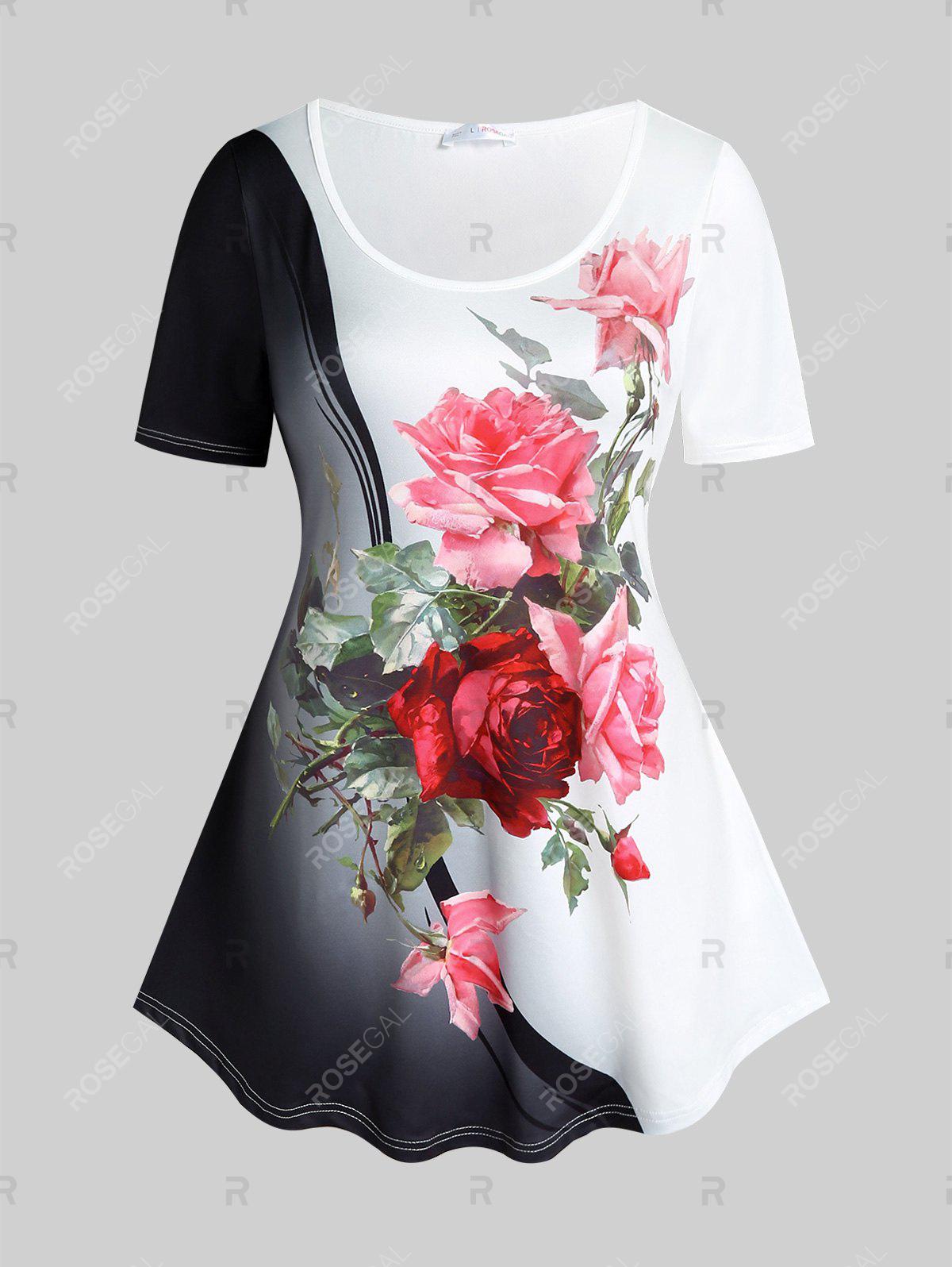 Rose Print Colorblock T-shirt and High Waist Rose Print Colorblock Capri Leggings Plus Size Summer Outfit