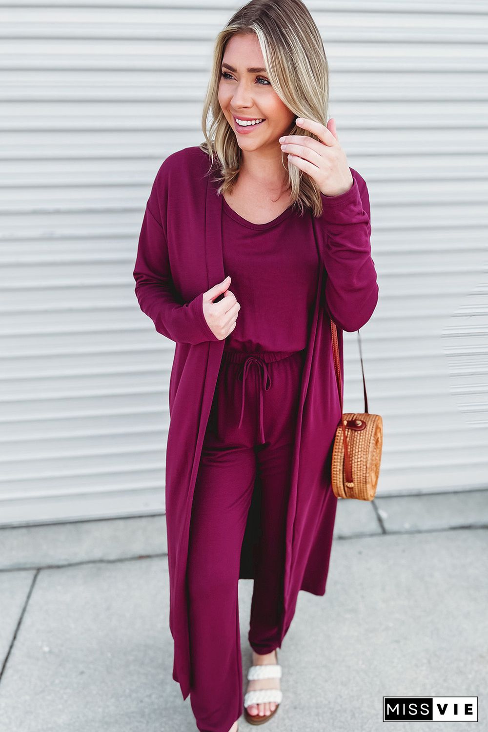 Elastic Drawstring Waist Jumpsuit and Duster Set