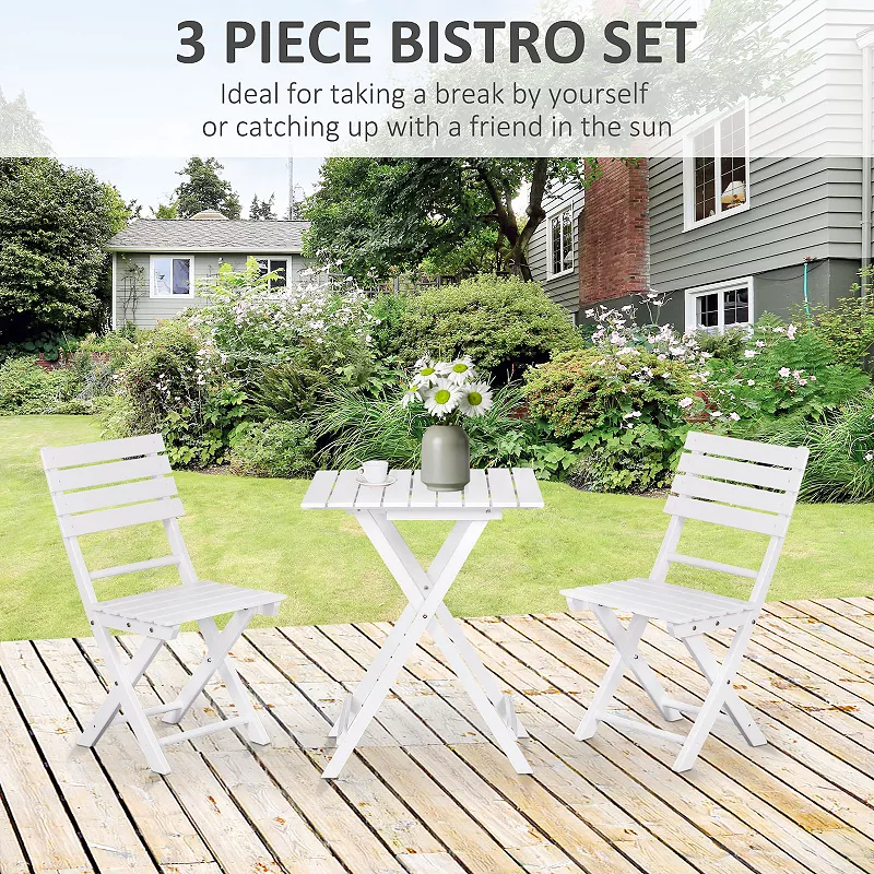 Outsunny 3 Piece Patio Bistro Set， Folding Outdoor Chairs and Table Set， Pine Wood Frame for Poolside Garden， White