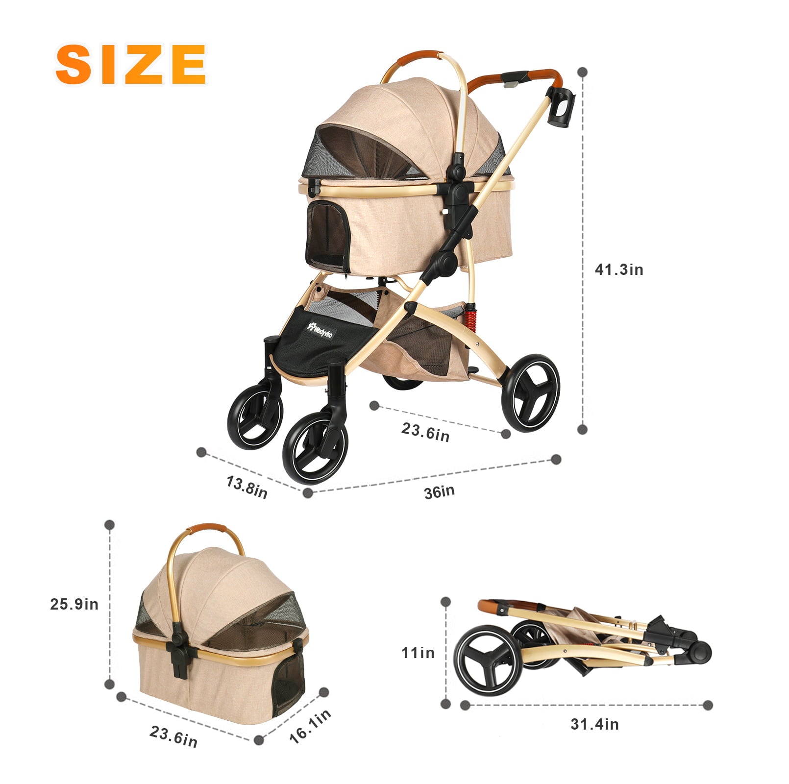 Wedyvko Dog stroller， Foldable Pet Travel System 3 in 1 Multifunction Pet Stroller， Sturdy Aluminum Alloy Frame Up to 55 lbs (Gold)