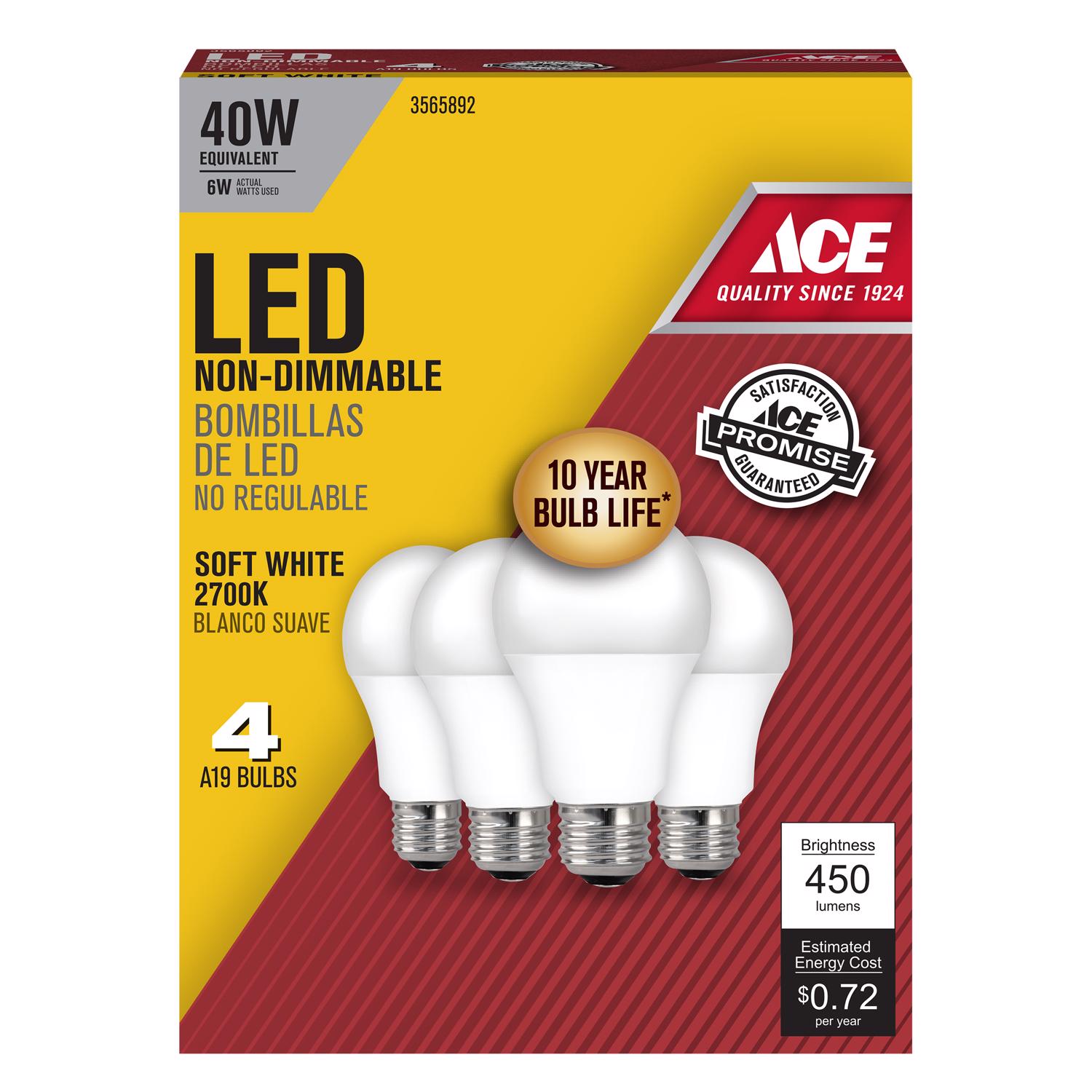 Ace A19 E26 (Medium) LED Bulb Soft White 40 Watt Equivalence 4 pk