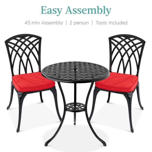 Best Choice Products 3 piece Aluminum Patio Bistro Set W Umbrella Hole 2 Chairs Polyester Cushions Black red