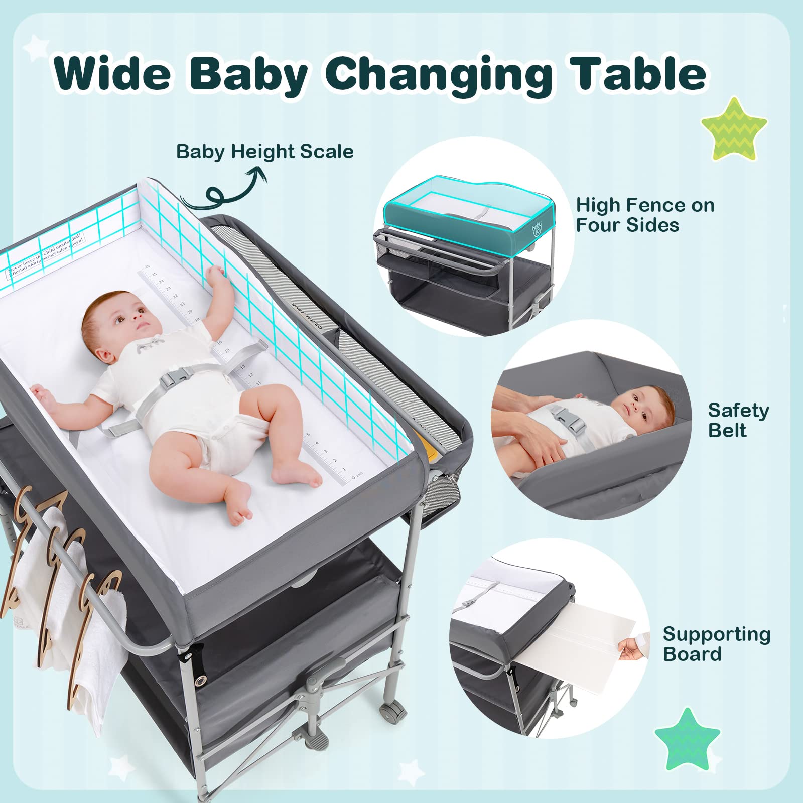 Costzon Portable Baby Changing Table, Foldable Infant Diaper Changing Station, Newborn Nursery Organizer w/ 4 Lockable Wheels