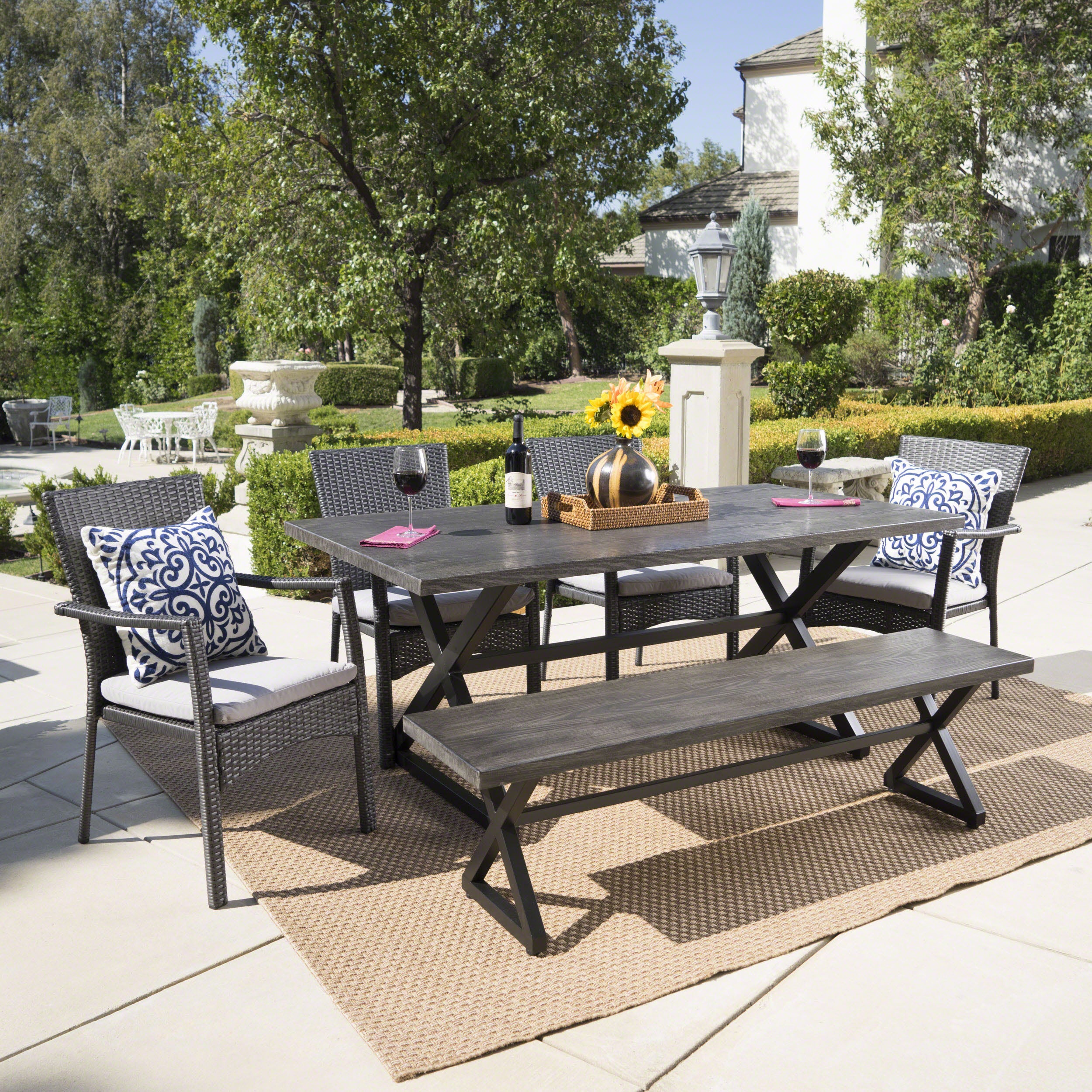 Tripoli Outdoor 6 Piece Aluminum Dining Set with Bench and Wicker Dining Chairs