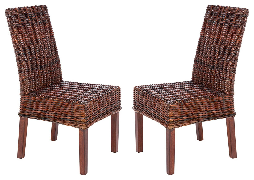 Set of 2 Armless Dining Chair  Woven Design With Wooden Legs   Tropical   Dining Chairs   by Declusia  Houzz