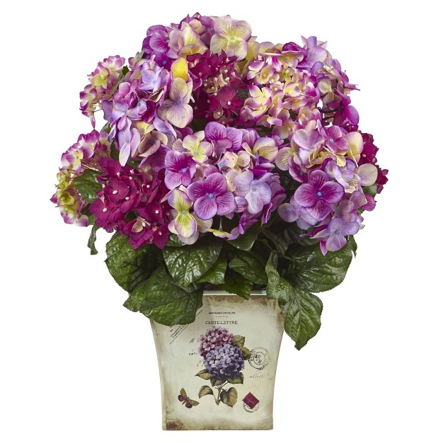 Nearly Natural 19 in Mixed Hydrangea With Floral Planter